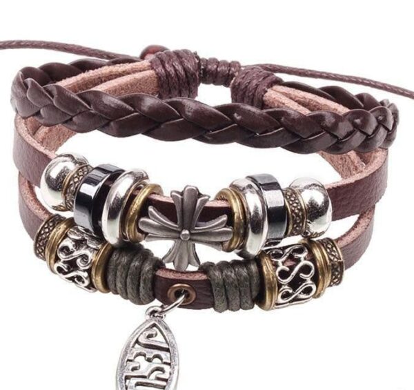 Adjustable Multilayer Leather Ichthys "Jesus Fish" Bracelet - Image 2