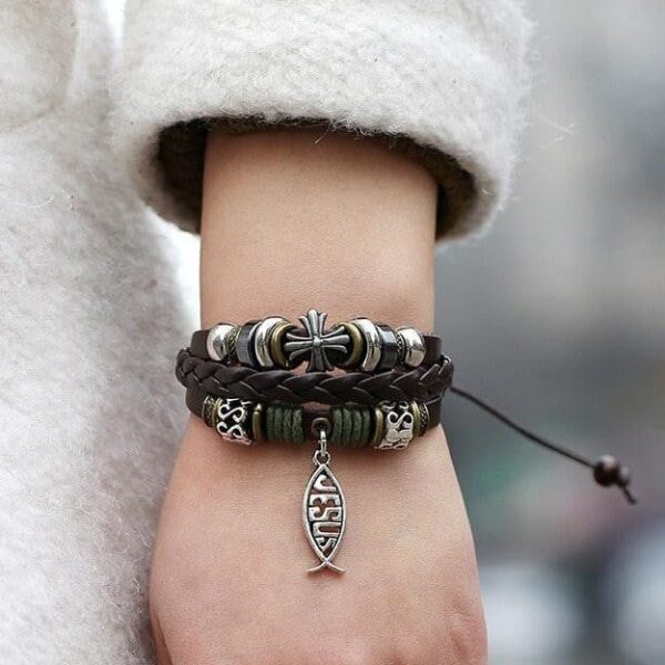 Adjustable Multilayer Leather Ichthys "Jesus Fish" Bracelet - Image 5