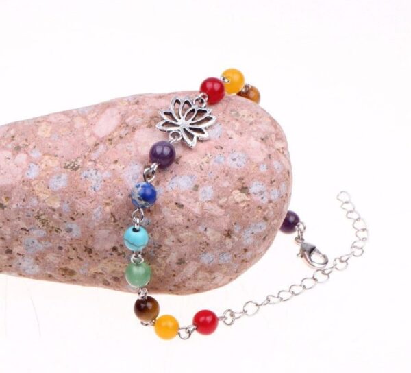 Adjustable Silver Lotus 7 Chakra Natural Stones Anklet - Image 2