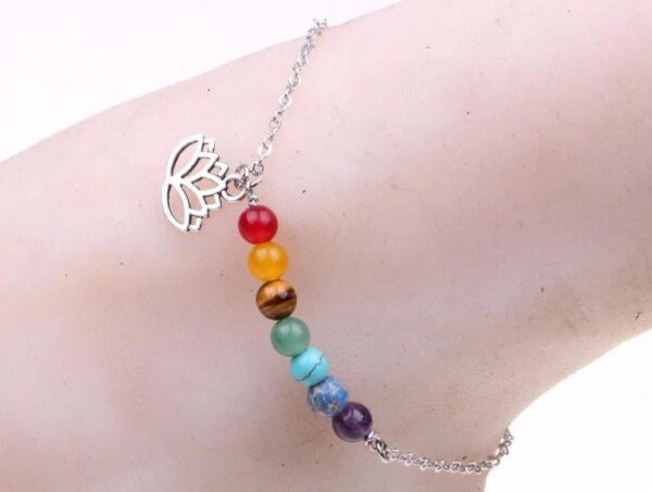Adjustable Silver Lotus Charm 7 Chakra Natural Stones Bracelet Anklet - Image 2