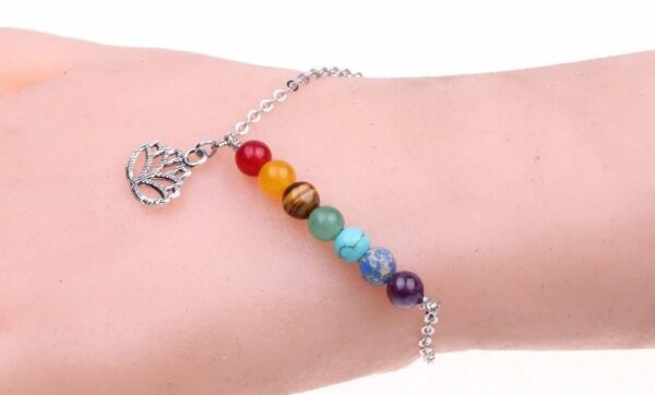 Adjustable Silver Lotus Charm 7 Chakra Natural Stones Bracelet Anklet - Image 3
