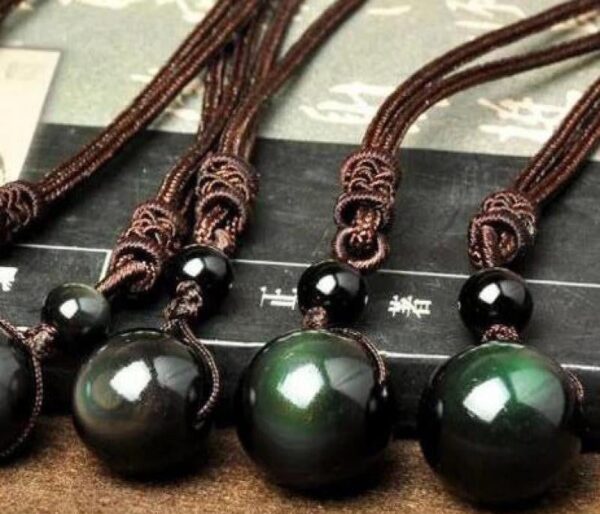 Natural Black Rainbow Eye Obsidian Sphere Pendant Necklace