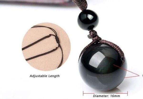 Natural Black Rainbow Eye Obsidian Sphere Pendant Necklace - Image 6
