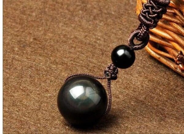 Natural Black Rainbow Eye Obsidian Sphere Pendant Necklace - Image 2