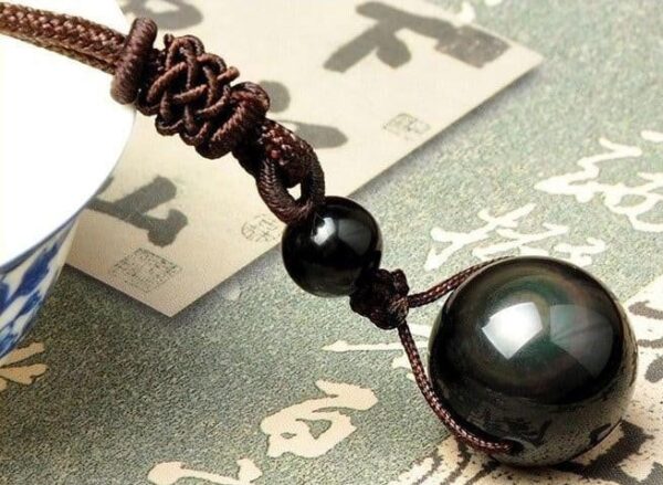 Natural Black Rainbow Eye Obsidian Sphere Pendant Necklace - Image 3