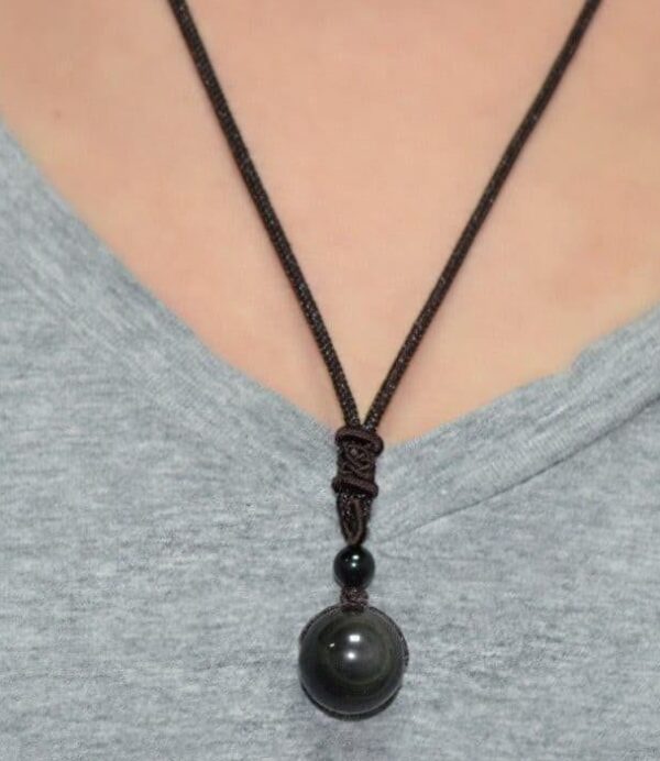 Natural Black Rainbow Eye Obsidian Sphere Pendant Necklace - Image 8