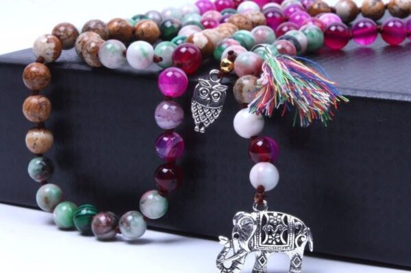 Natural Stone Beads with Owl and Elephant Tassel Charm Knotted Statement Long Necklace - Image 2