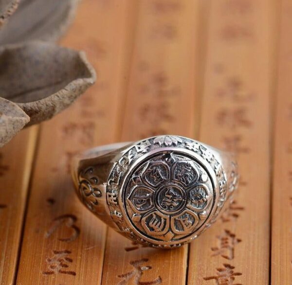 Sterling Silver 6 Syllable Mantra Lotus Signet Ring - Image 3