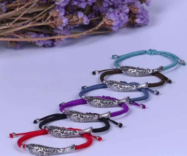 Sterling Silver Lucky Fish Buddhist Knots Rope Bracelet