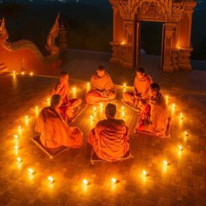 Group of young and senior monk sit in a circle with several lighting candle surround